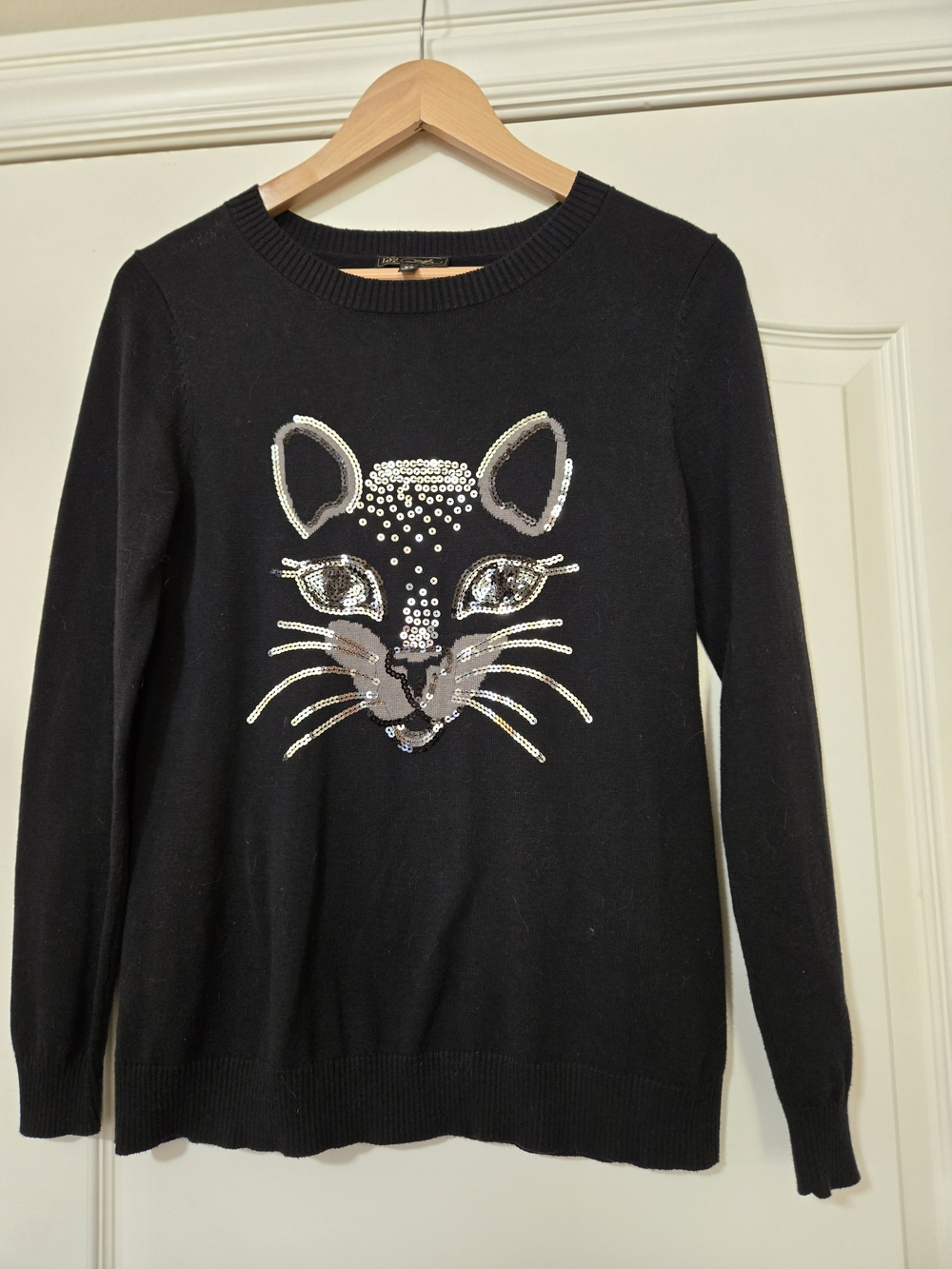 DG2 by Diane Gilman Black Crewneck Sweater with Sequin Cat Face